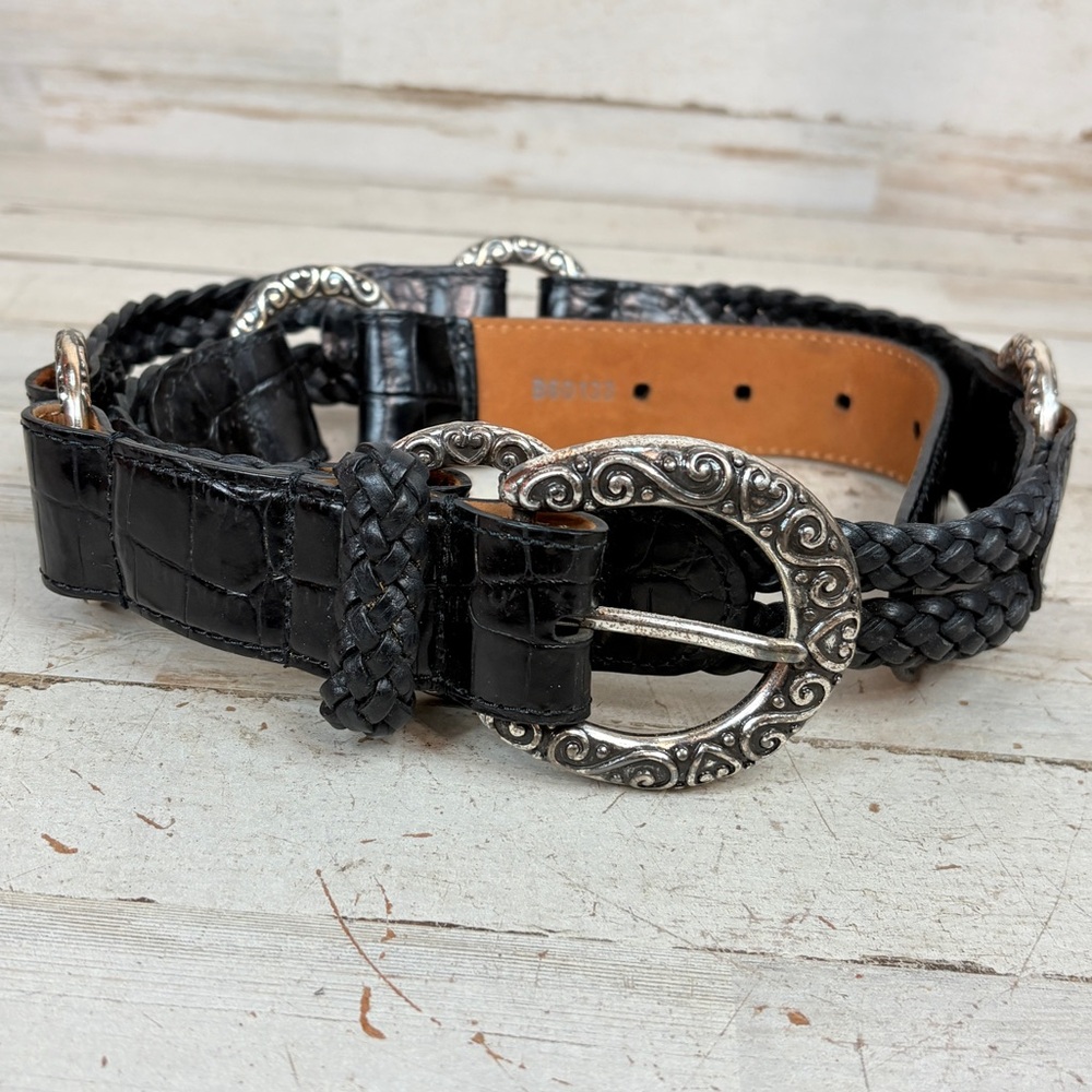 Brighton Black Braided Leather Belt with Ornate Silver Buckles